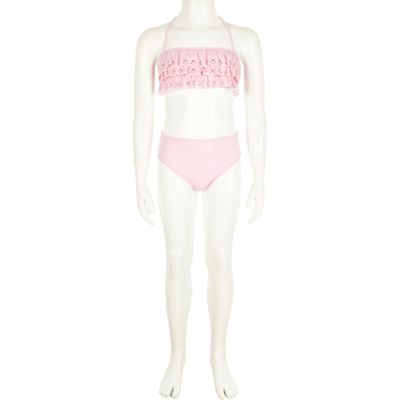 Girls pink laser cut ruffle bikini